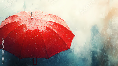 Red umbrella isolated on white: rainy day protection, vivid color, classic design. [Crimson Rain] | Vintagedown Rain | mellow pour. Illustration
