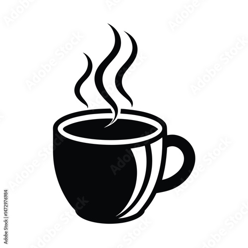 Simple black and white illustration of a hot coffee cup with steam rising up in a minimalist style