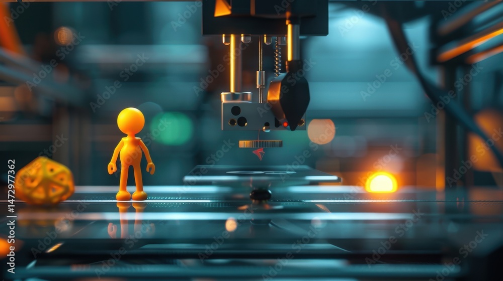 Obraz premium Stick Figure 3D Printing: A stick figure observing a 3D printer in action, watching as it creates an object layer by layer, highlighting modern manufacturing techniques.