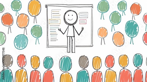 Stick Figure Presenting: A stick figure in front of a presentation screen, speaking to an audience and presenting business ideas clearly and effectively.
