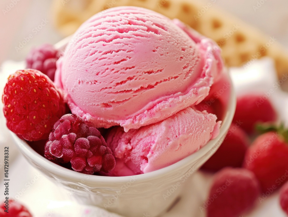 Two Scoops of Pink Ice Cream Topped with Fresh Raspberries in a White Bowl Two Scoops of Pink Ice Cream Topped with Fresh Raspberries in a White Bowl