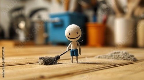 Stick Figure Cleaning: A stick figure sweeping, demonstrating the value of cleanliness and home organization in creating a more pleasant and functional space.
