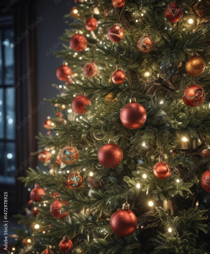 Fototapeta premium Close-up of ornate Christmas tree with glowing lights and vibrant baubles, winter wonderland feel , image, candy, decoration