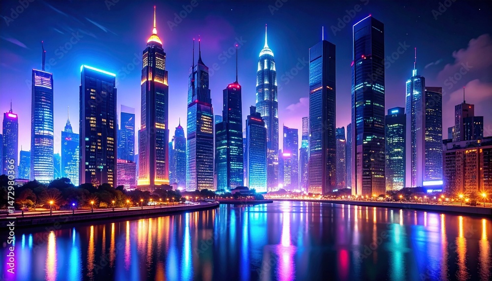 Fototapeta premium Neon skyline reflects in calm water, capturing futuristic urban essence in vibrant glows