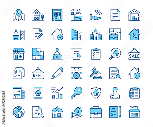 Real estate icons. Vector line icon set. Modern outline design. Blue concept