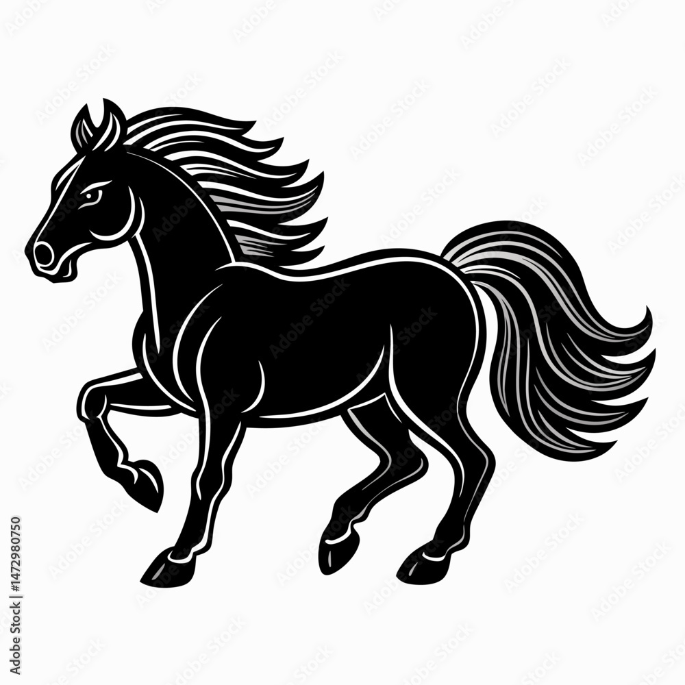 Obraz premium Black Horse Silhouette: A striking silhouette of a black horse in full stride, evoking power and grace. The elegant lines and flowing mane create a sense of movement and freedom.