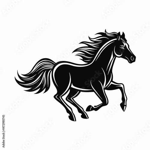 Elegant Horse Silhouette: A dynamic monochrome rendering of a galloping horse, exuding power and grace, set against a clean, minimalist backdrop, perfect for adding a touch of equine elegance.