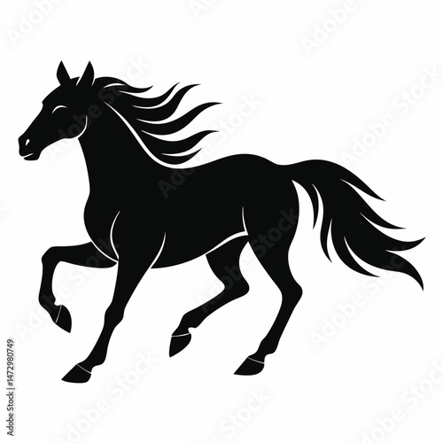 Majestic Silhouette of Horse: A sleek, black silhouette of a galloping horse, exuding power and grace, poised against a backdrop of pure potential, ready to capture imagination.