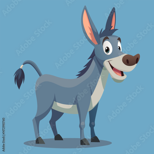 Smiling Donkey Illustration: A charming donkey stands confidently against a blue backdrop. Its friendly expression and delightful characteristics evoke a sense of joy, playfulness, and simplicity.