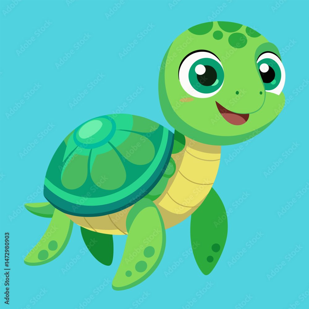 Obraz premium Cheerful Sea Turtle Illustration: An adorable cartoon sea turtle swims contentedly, its friendly expression and vibrant colors evoking a sense of joy and wonder, perfect for children's content.