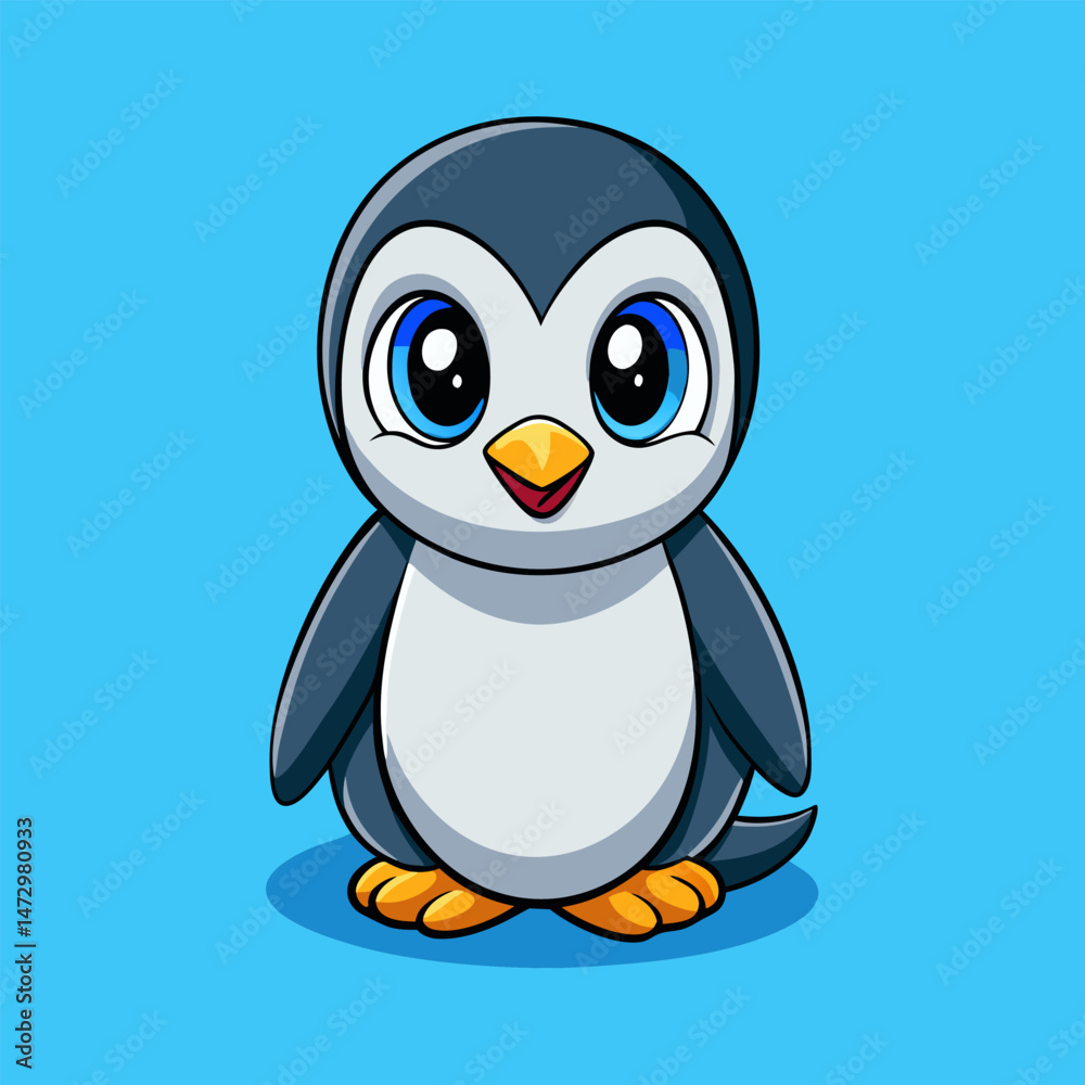 Obraz premium Adorable Baby Penguin: A charming cartoon penguin chick with big, expressive eyes and a cheerful smile, standing against a vibrant blue background.