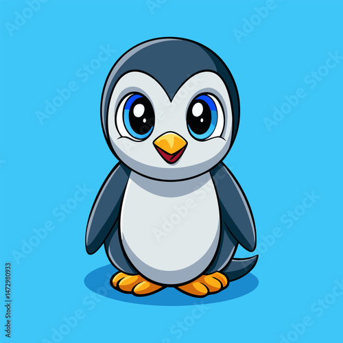 Adorable Baby Penguin: A charming cartoon penguin chick with big, expressive eyes and a cheerful smile, standing against a vibrant blue background.