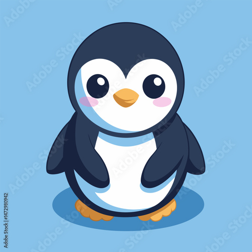 Cute Penguin Cartoon: This charming cartoon illustration features a penguin with expressive eyes and a friendly smile. The blue background evokes a sense of calm and warmth.