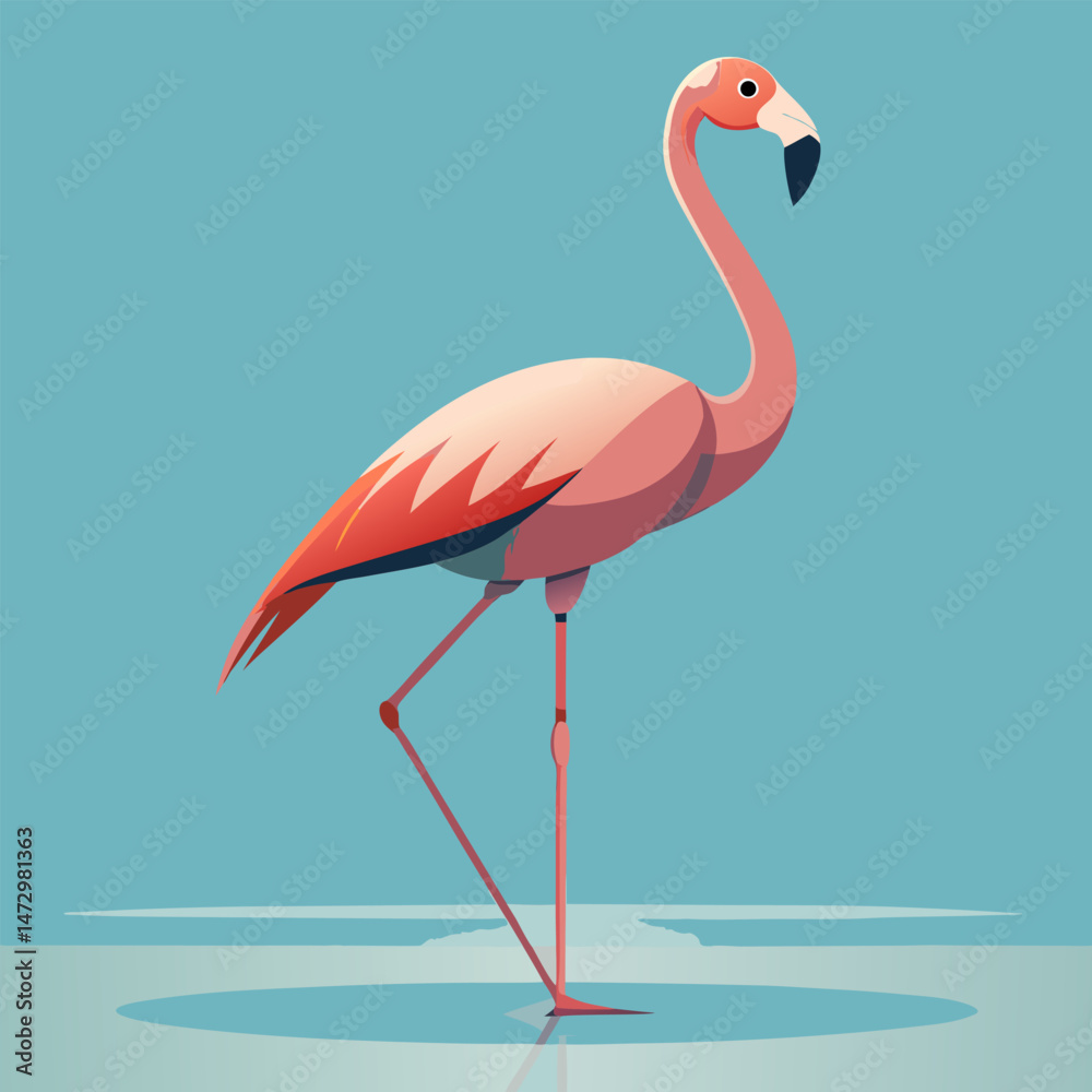 Fototapeta premium Graceful Flamingo in Paradise: A captivating illustration showcases a elegant flamingo with its distinctive pink plumage, slender legs, and curved neck, poised against a tranquil blue backdrop.