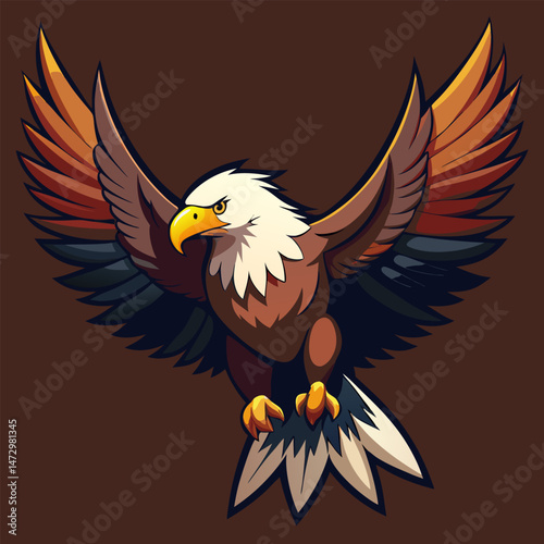 Soaring Eagle: A majestic eagle, with wings outstretched, a powerful symbol of freedom, strength, and vision, a design rendered in bold lines and vibrant colors against a deep-toned background.