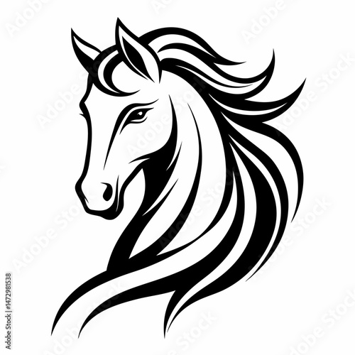 Horse Head with flowing Mane: An intricate line drawing, evoking the power and beauty of a majestic horse's head with a flowing mane and sharp features.  