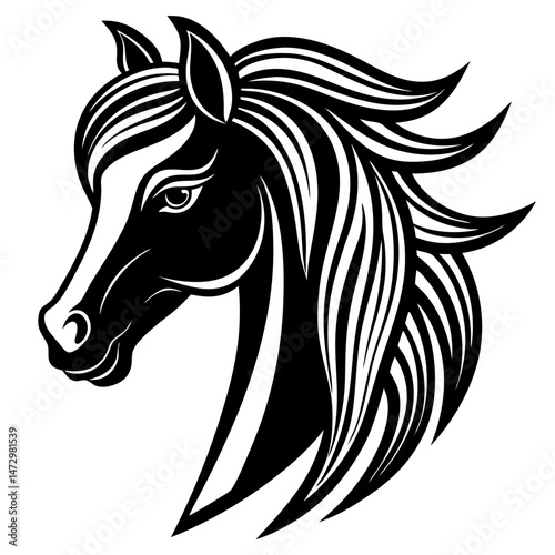 Elegant Equine Portrait: A striking black and white illustration showcases the graceful head of a horse. The intricate detailing highlights the horse's elegant features and commanding presence.
