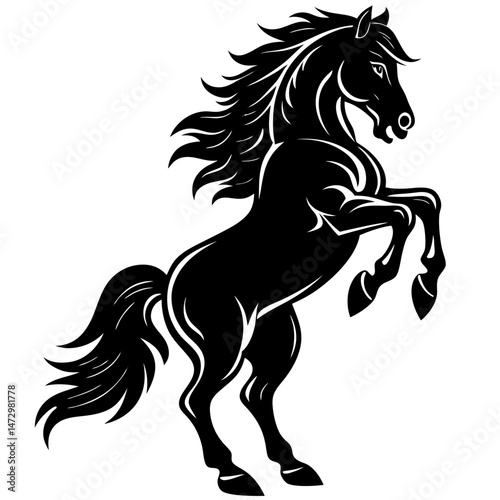 Majestic Black Stallion Silhouette: An elegant, dynamic silhouette of a black stallion rearing up on its hind legs, exuding strength and grace in a minimalist design.