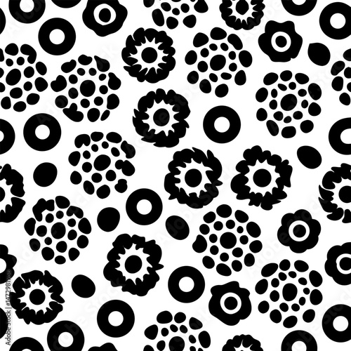 Botanical Bliss: An abstract, monochromatic pattern showcases a whimsical arrangement of stylized flowers and circular motifs, creating a visually captivating design.