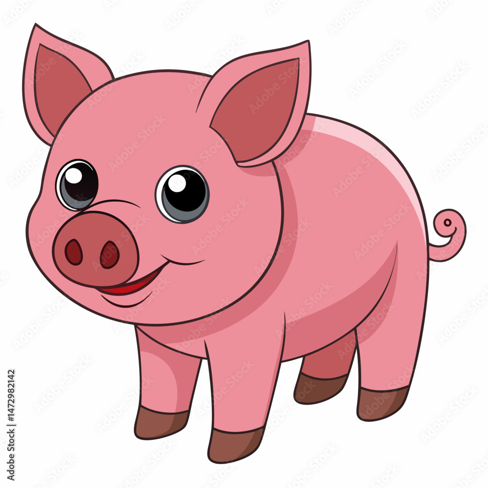 Naklejka premium Smiling Pig Illustration: A charming cartoon piglet with big eyes and a happy smile, perfect for children's illustrations, branding, and educational materials. 
