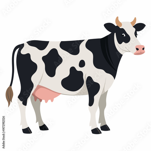 Dairy Cow: A detailed illustration showcases a dairy cow, rendered in a clean, vector style. Capturing the essence of farm life, this artwork features bold outlines and a simple, charming aesthetic.