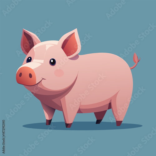Happy Piglet Illustration: A charming cartoon piglet with a rosy pink complexion and a big, cheerful grin. The piglet stands against a cool blue backdrop.