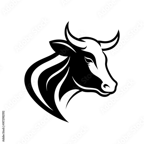 Monochrome Bull Portrait: A striking monochrome graphic of a powerful bull head, showcasing its impressive horns and muscular physique, perfect for various design applications.