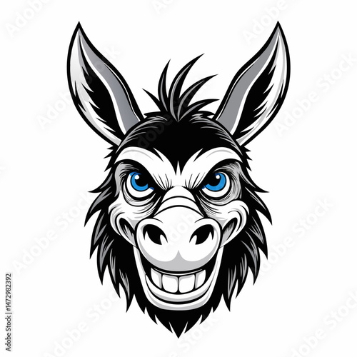 Playful Donkey Mascot: A charming, black and white mascot illustration of a donkey with an expressive face, perfect for conveying joy and lightheartedness.