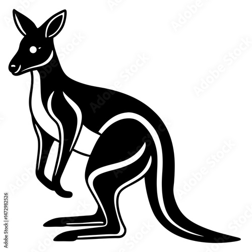 Stylized Kangaroo Silhouette: Elegant black and white illustration of a kangaroo, showcasing its unique posture and powerful physique. Perfect for adding an Australian touch to your designs.