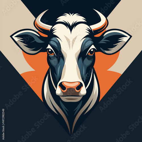 Cow Head Illustration: An intricately detailed illustration of a cow head with a black and white coat, against a geometric background.