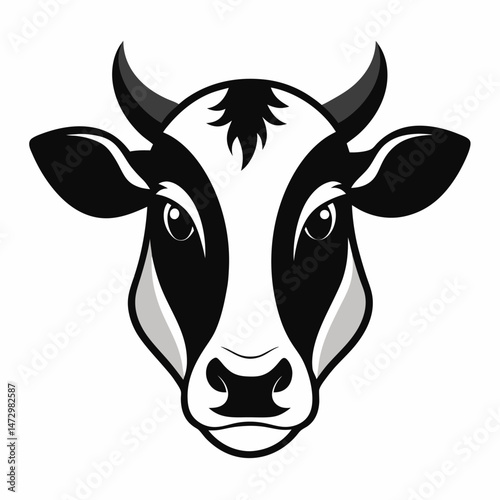 Cow Head Illustration:  Black and white minimalist illustration depicting the head of a cow with a focused gaze, evoking a sense of strength and farm life. 