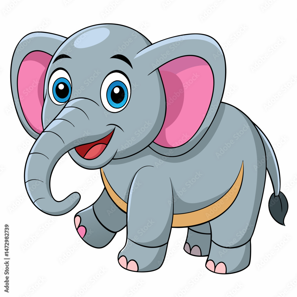Fototapeta premium Happy Baby Elephant Cartoon: An adorable cartoon baby elephant with big blue eyes and a cheerful smile, perfect for children's books, cards, and educational materials.
