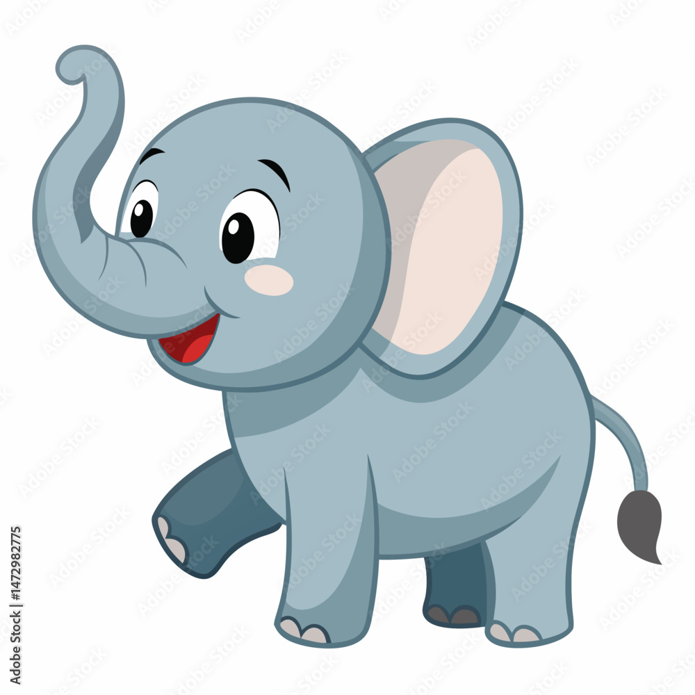Fototapeta premium Happy Baby Elephant: A charming illustration of a cheerful baby elephant with big, expressive eyes, showcasing innocence and joy. The elephant's trunk is raised high.