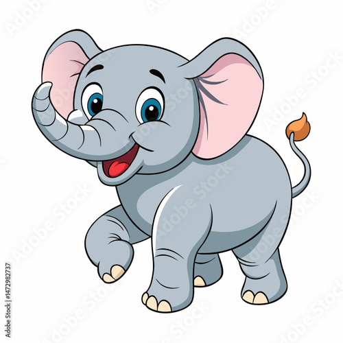Playful Elephant Cartoon: A cheerful cartoon depicts a gray elephant with large ears, a curly tail, and an upward-pointing trunk, embodying a playful, cute demeanor.