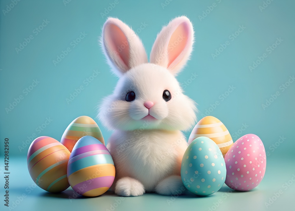 Fototapeta premium Adorable Fluffy Easter Bunny with Pastel Eggs