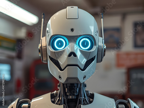 A humanoid robot with an empty, expressionless look stands against a futuristic background filled with cold lights and sleek, high-tech structures