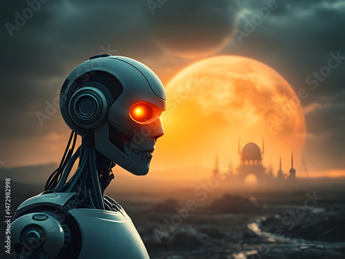 A humanoid robot with an empty, expressionless look stands against a futuristic background filled with cold lights and sleek, high-tech structures