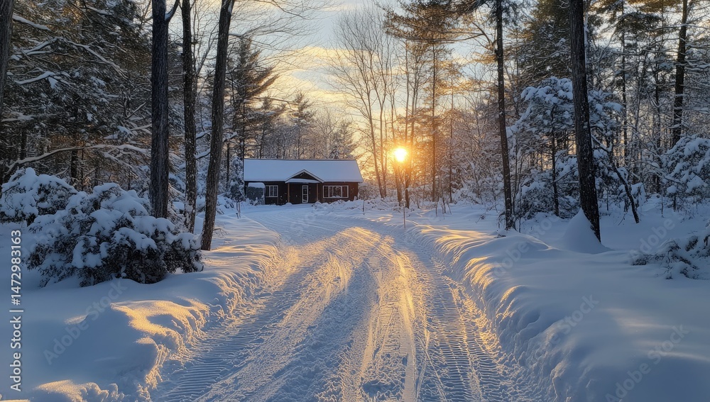 Obraz premium Winter Sunrise Cabin Path
