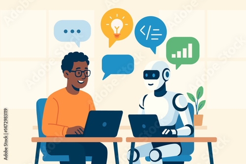 Friendly human and AI avatars  exchanging ideas, representing teamwork and working together. Artificial Intelligence for work and school. Helpful modern technology for school and business.