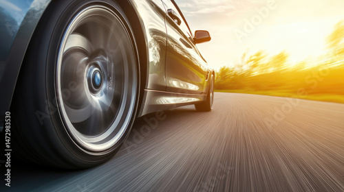 Car tire and wheel on road at sunset