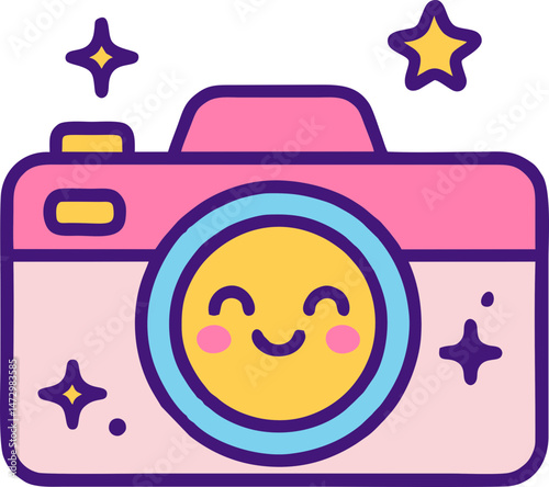Smiling Pink Camera with Sparkles in Naive Flat Style – Transparent SVG Icon for Kids Photography Games, Creative Apps, and Fun Moment Capturing Features