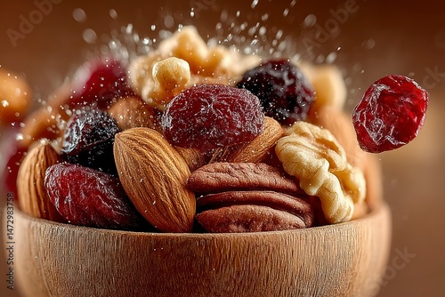 A bowl of assorted nuts and dried fruits with a dynamic splash effect perfect for health and w
