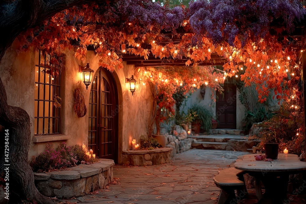 Enchanting Courtyard with String Lights and Autumn Foliage Cozy Outdoor Space for Romantic Din Enchanting Courtyard with String Lights and Autumn Foliage Cozy Outdoor Space for Romantic Din