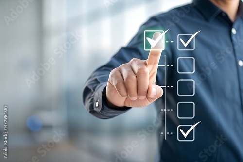 Business success and goal achievement steps. Businessman drawing checkmarks on virtual staircase steps toward achieving goals, ending with red flag as success marker. Planning, progress, goal setting,