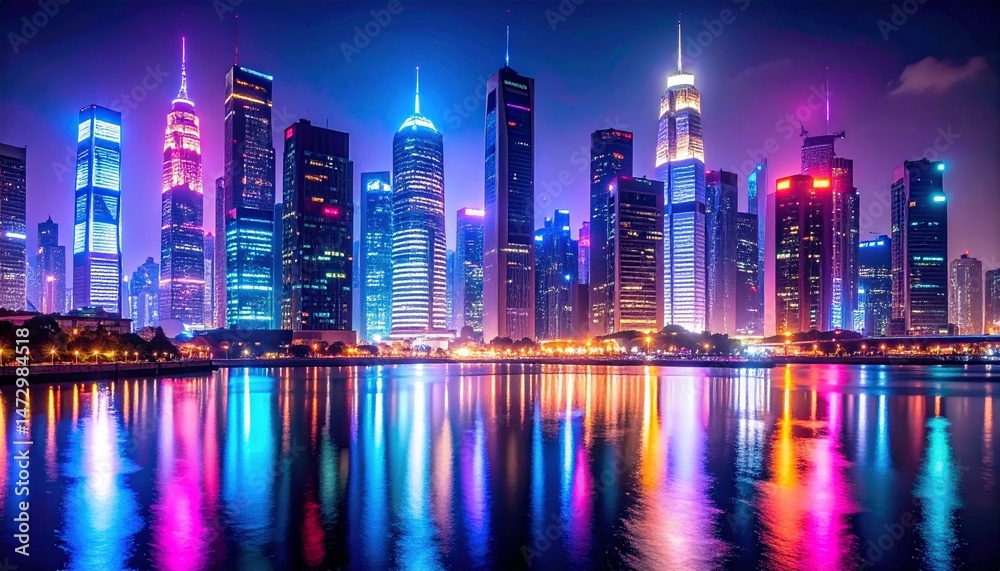 Obraz premium Illuminated skyscrapers reflect in water at night, city skyline brightly glows with a mix of colors