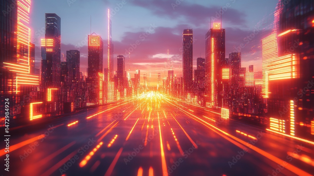 Fototapeta premium Neon-lit cityscape avenue at dawn.