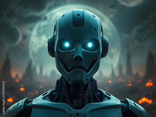 A humanoid robot with an empty, expressionless look stands against a futuristic background filled with cold lights and sleek, high-tech structures