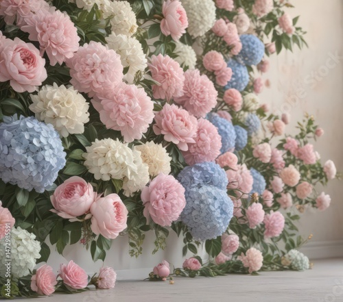 Soft pastel vintage floral wall; roses, peonies, hydrangeas  ,  shabby chic,  pastel,  background