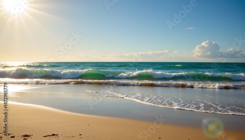 a serene beach scene bathed in the golden luminosity of summers embrace, inviting a relaxing escape within an idyllic outdoor setting, radiant, sunny horizons tilt to accentuate a luminous