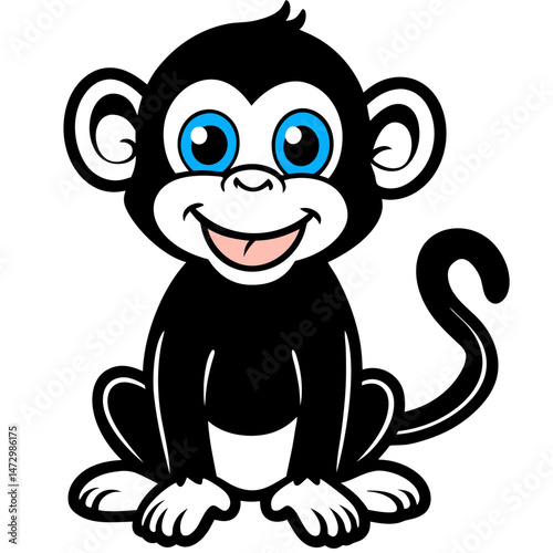 Smiling Baby Monkey: A cartoon illustration of a cute baby monkey with bright blue eyes and a toothy grin, radiating joy and playfulness.